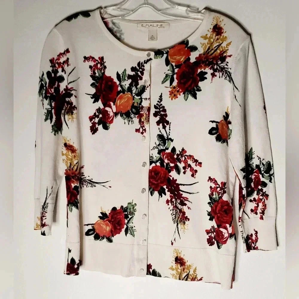 Emaline Cotton Blend Floral Ivory Print Pearl Button Open Cardigan Sz S